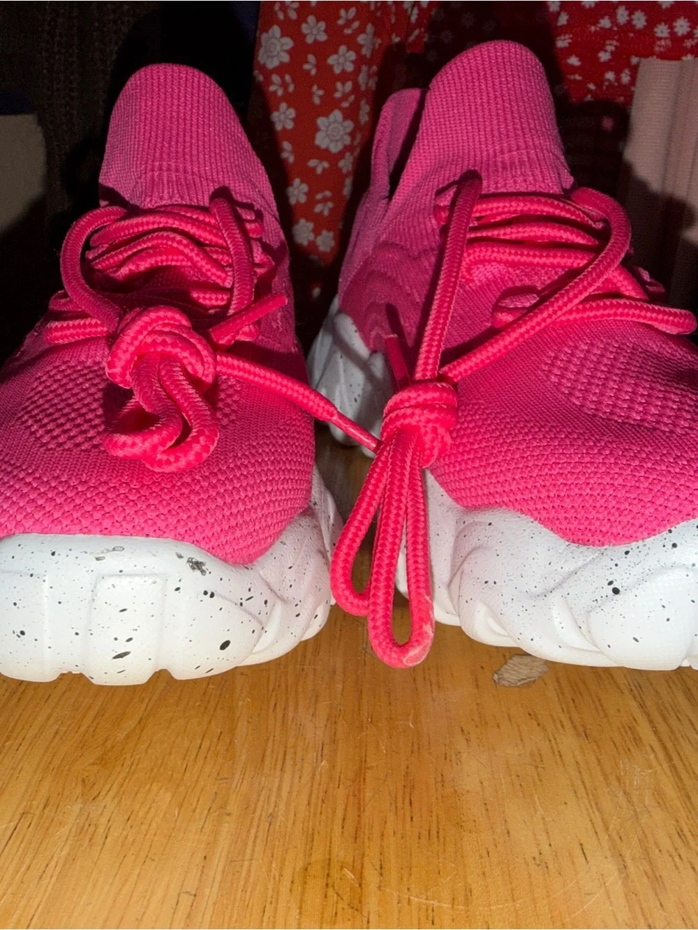 Hot Pink Knit Slip-On Athletic Sneakers with Cushioned White Speckled Sole